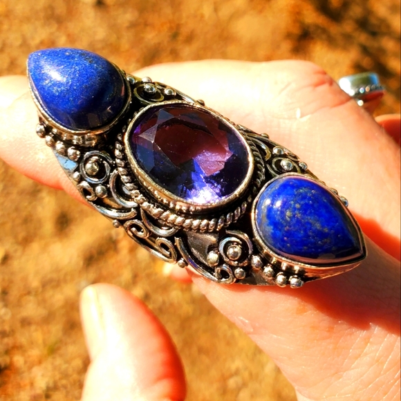 New Amethyst and Lapis Lazuli 925 Silver Statement Ring. - Picture 7 of 16
